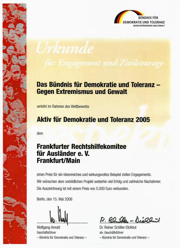 Urkunde "Aktiv für Demokratie und Toleranz" Seite 1